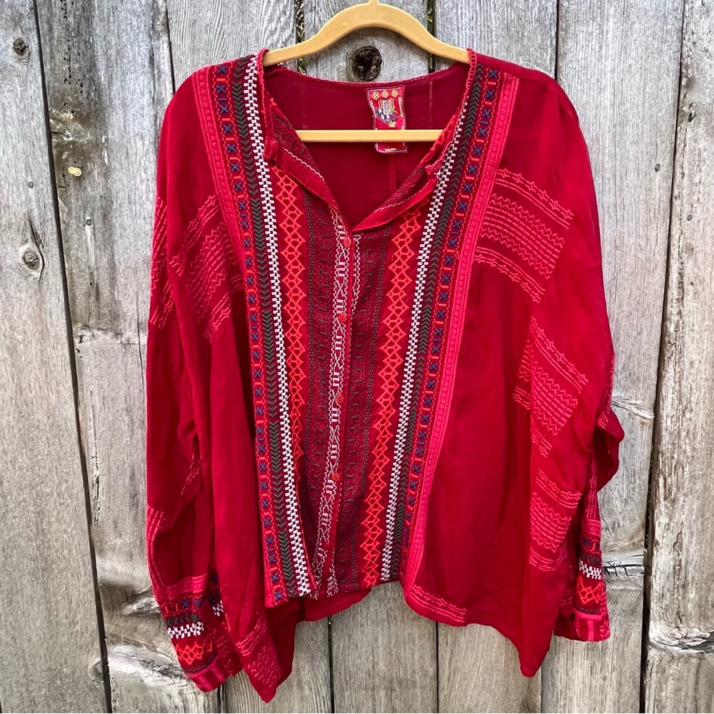 Johnny Was Crimson Embroidered Blouse